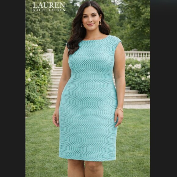 Lauren Ralph Lauren Dresses & Skirts - Lauren Ralph Lauren Crochet Lace Sheath Dress 18W Aqua Blue Boat Neck Wedding